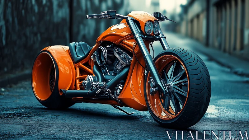 Orange custom trike motorcycle on wet urban street surface.