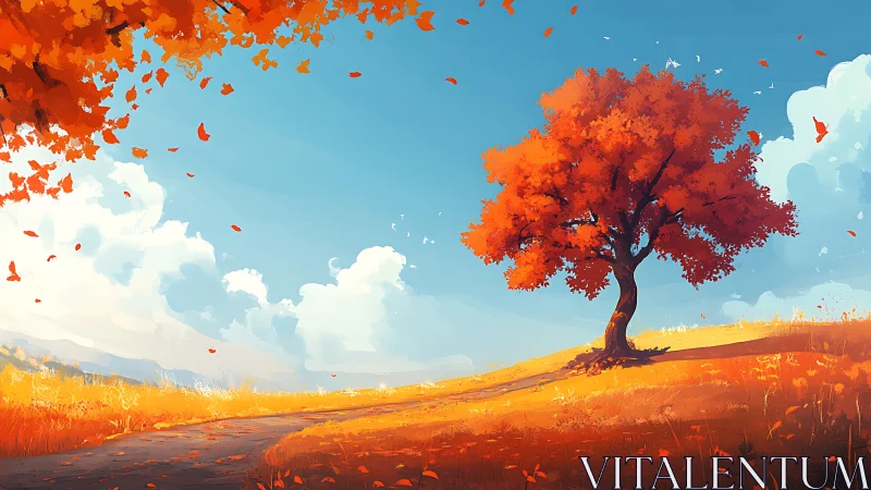 Lonely orange tree on rolling autumn hillside under sky.