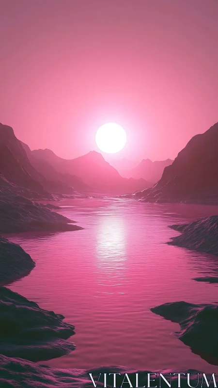 Pink digital river valley under large glowing sunset orb