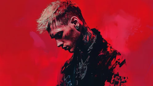 Side-profile digital portrait of tattooed figure on red field.