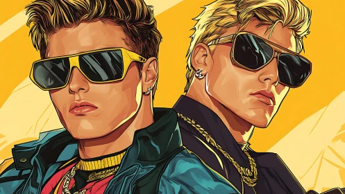 Stylized portrait of two men in sunglasses on yellow ground.