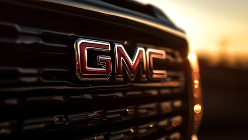 Sunlit GMC grille captures rugged strength at golden hour
