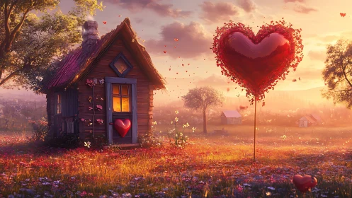 Cottage with Giant Heart Tree in Golden Field.