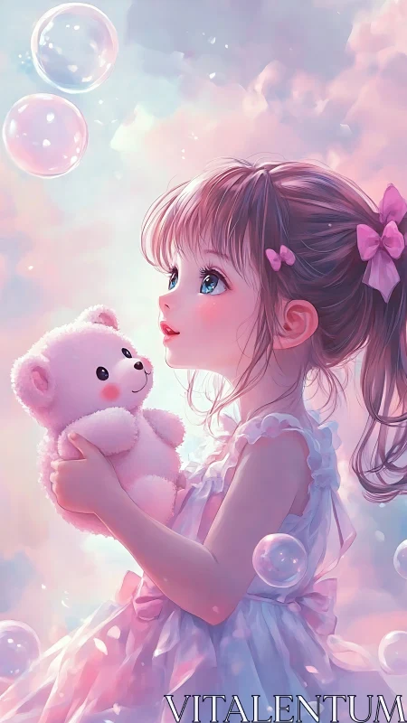 Pastel portrait of child with plush bear and floating bubbles.