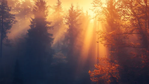 Backlit autumn forest canopy with volumetric sunrise light beams