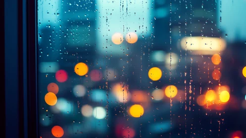 Cozy city lights glowing softly behind a rainy window.