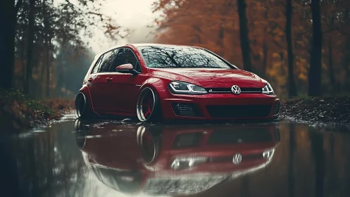 Lowered red Volkswagen hatchback reflected in forest water.