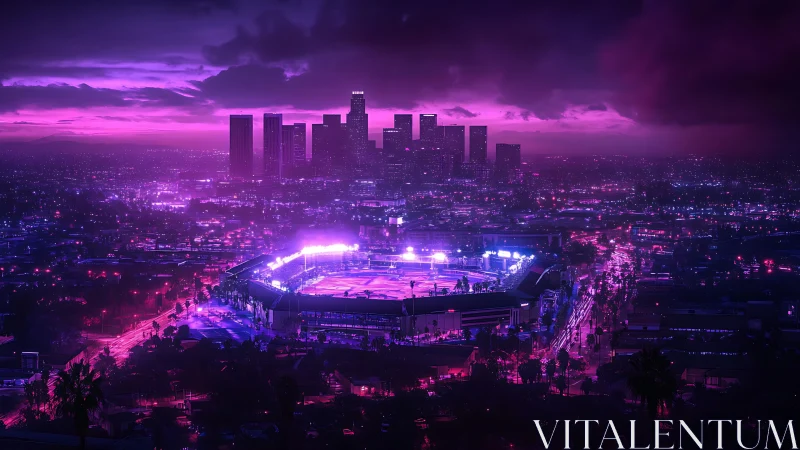 Neon lit city skyline dominates above glowing baseball stadium
