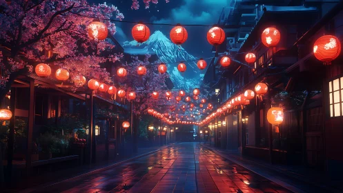 Lantern lit street extends toward snow covered mountain peak