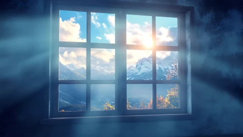 Sunlit alpine mountains glow beyond a quiet frosted window