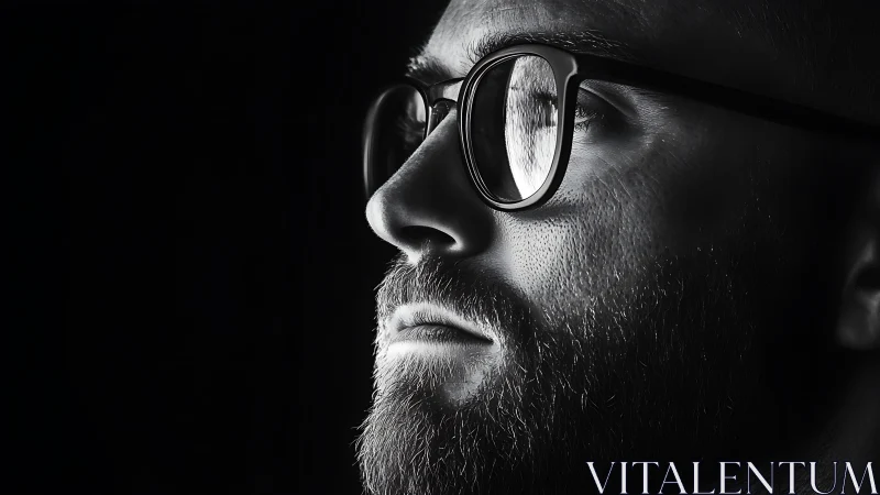 Monochrome close-up portrait of bearded man in glasses.