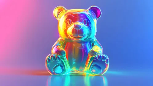 Vibrant Neon Glass Teddy Bear in Futuristic Digital Art Style.