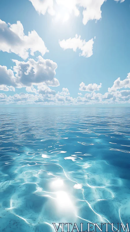 Sunlit ocean horizon under drifting cumulus clouds panorama.