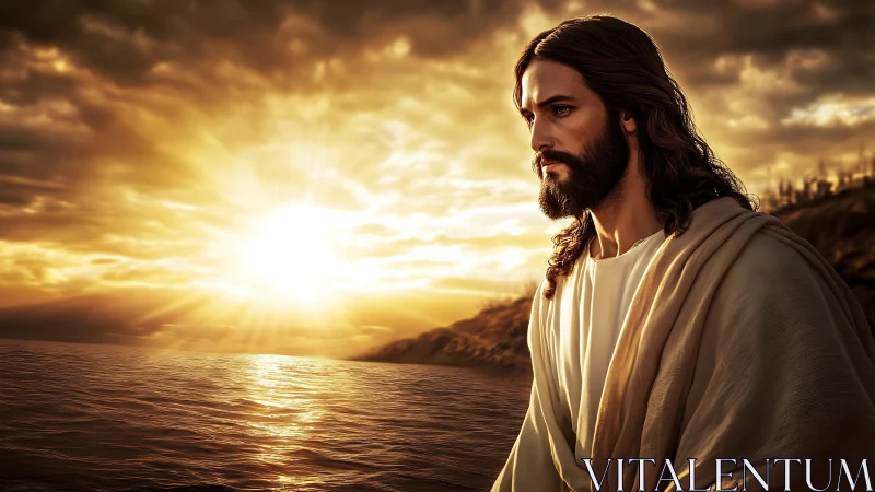 Serene robed figure beside glowing sunset over the water.