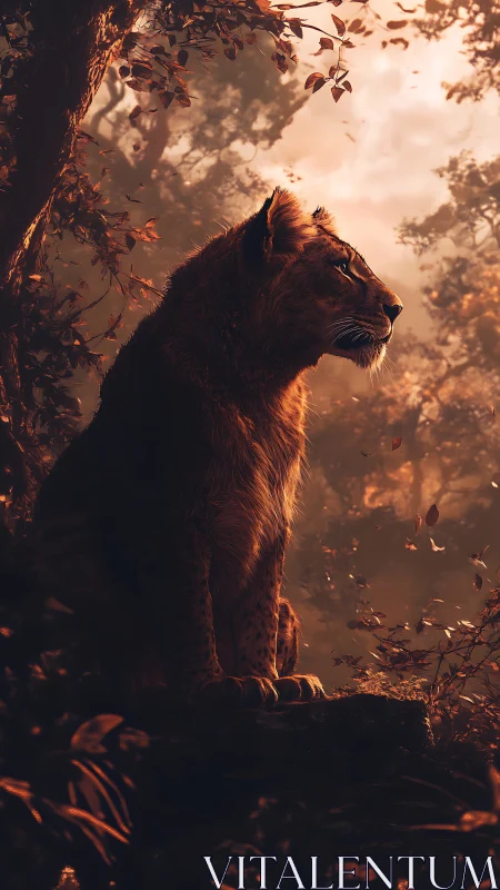 Feline specimen positioned among foliage in warm backlighting conditions