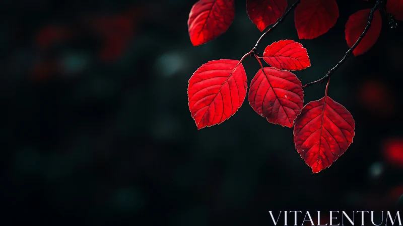 Close-up of vibrant red autumn leaves on branch, moody background.
