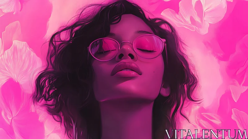 Neon magenta portrait renders serene woman in reflective glasses