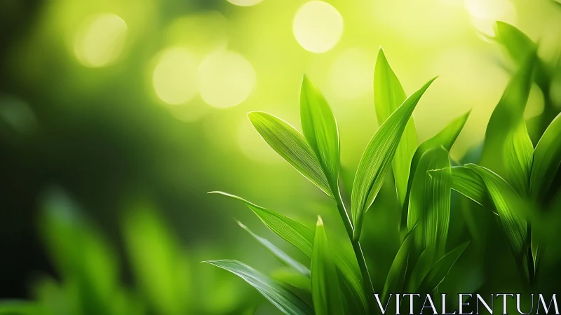 Fresh green leaves glow softly in dreamy sunlight bokeh.