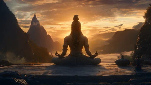 Meditating figure facing sunlit mountains at golden dawn.