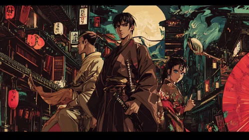 Moonlit ronin trio holds the street between lanterns and fate