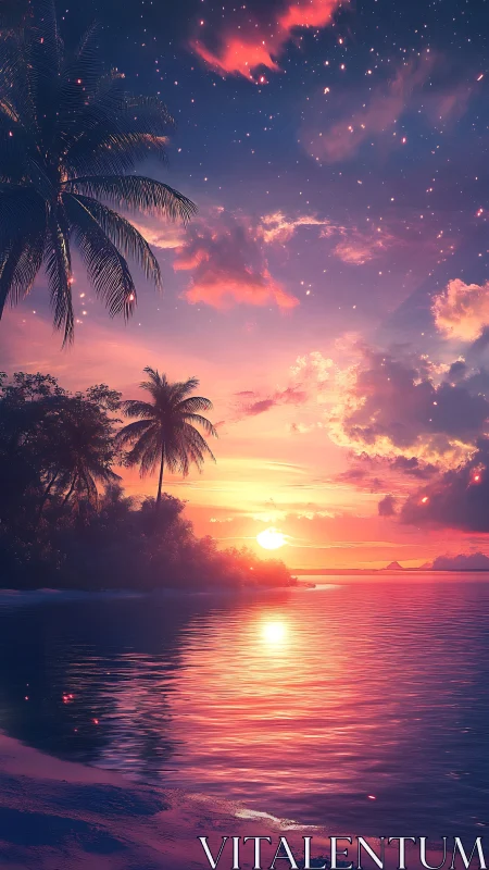 Tropical shoreline glows under vivid pink and violet sunset