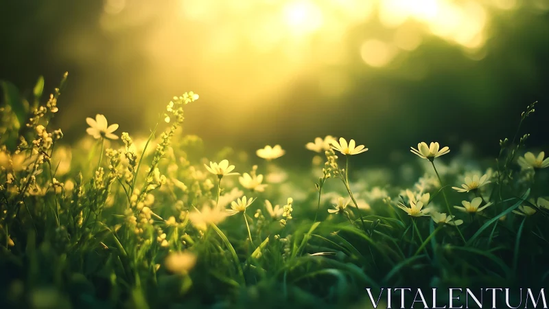 Backlit meadow daisies under shallow-depth optical glow.