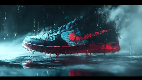 Stormlit sneaker sizzles through neon rain and icy puddles