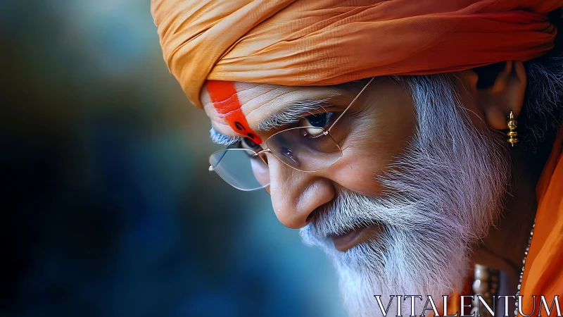 Elderly man in orange turban and glasses, close side view.