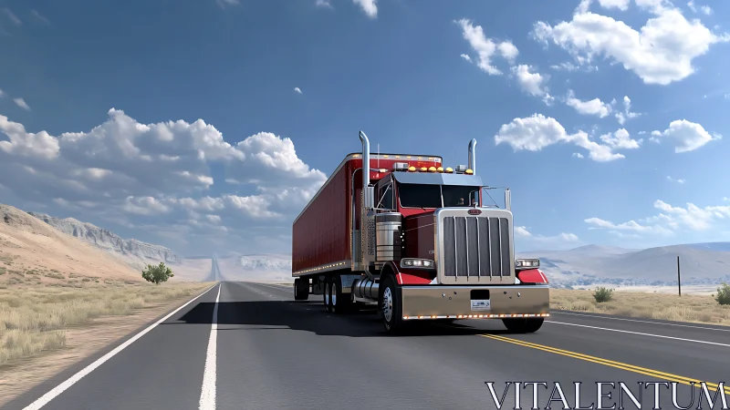 Red long-haul semi truck on desert highway under clear sky