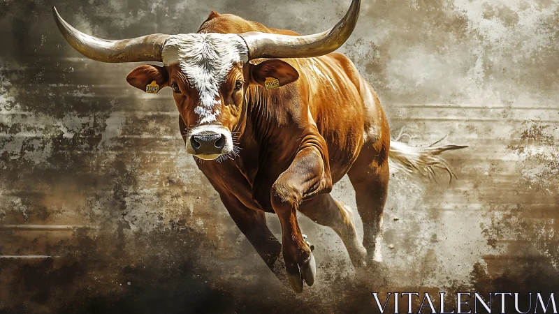 Charging longhorn bull against textured dusty backdrop.