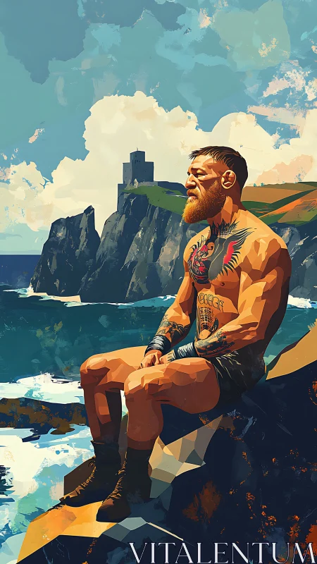 Tattooed fighter resting on coastal cliff in stylized sunlit art.