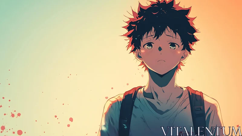 Quiet anime student under warm evening gradient sky.