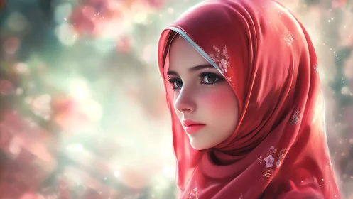 Softly lit portrait renders detailed red hijab with floral motifs
