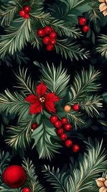 Festive evergreen branches with red berries and poinsettia.