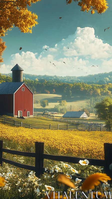 Red barn and yellow flower fields in sunny rural valley.