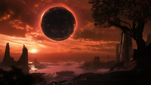 Crimson alien seascape under burning black eclipse sky.