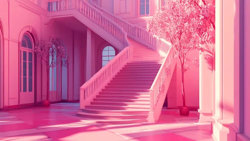 Monochromatic Pink Interior Architecture with Grand Staircase
