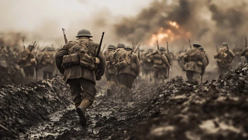 Mud-soaked infantry advance through chaotic wartime trenches.