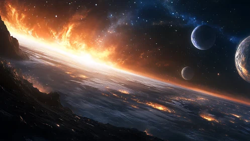 Burning exoplanet horizon under multi-planet sky.