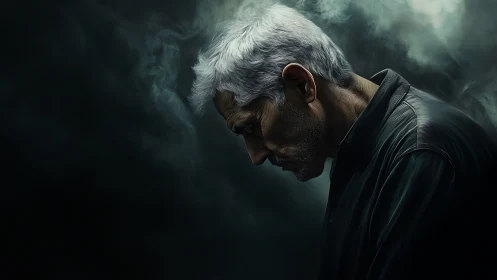 Solitary silver haired man in moody cinematic profile study.
