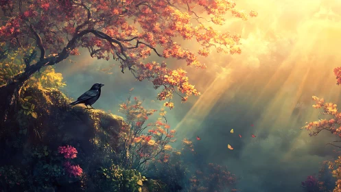 Raven overlooks sunlit autumn forest drenched in gold light.