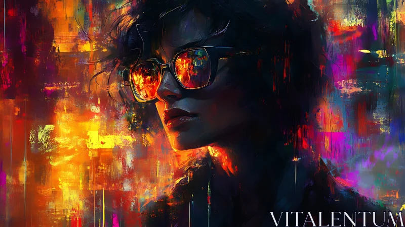 Woman in reflective neon glasses watches blazing city light