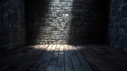 Moody stone cellar corner under narrow overhead spotlight.