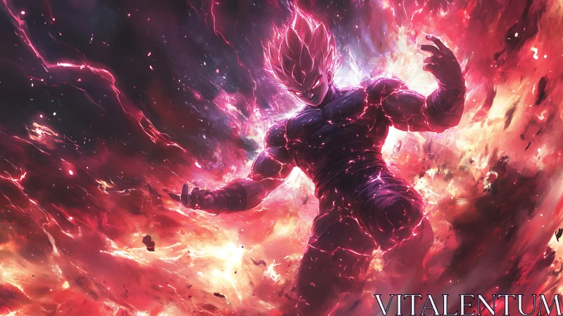 Cosmic warrior unleashes explosive crimson energy storm