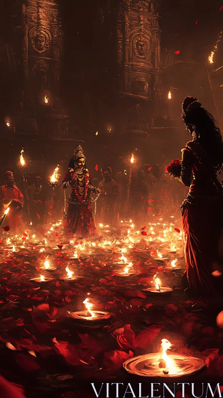 Firelit temple ritual on a river of petals at night.