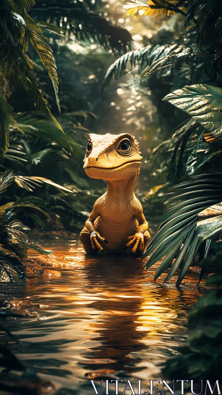 Golden-eyed baby dinosaur guarding a jungle mirror creek.