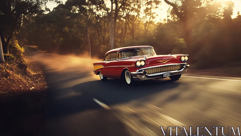 Sunlit classic Chevrolet powers along a winding forest road