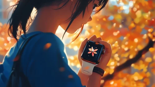 Autumn bokeh portrait with smartwatch closeup and flower display