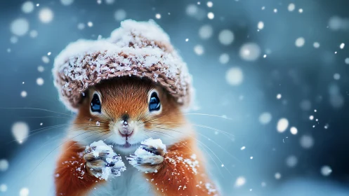 Snow-dusted red squirrel portrait in soft winter bokeh.