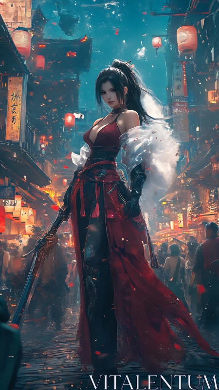 Blade-wielding warrior strides through neon lantern market.